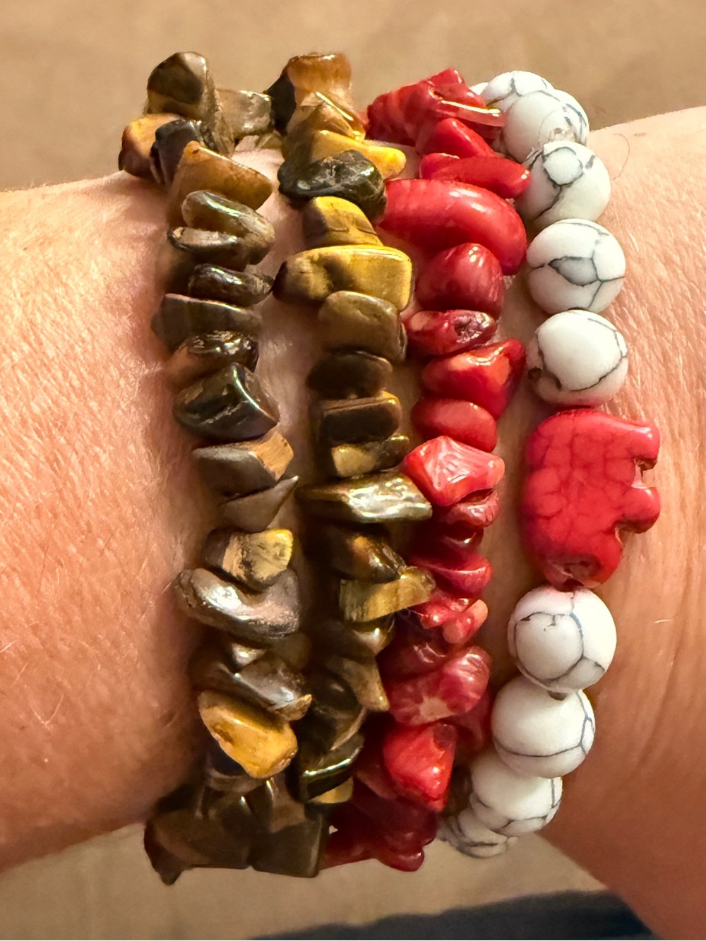 Boho Gemstone Stretch Bracelet Stack Set, Tiger's Eye, Coral, Howlite & Elephant